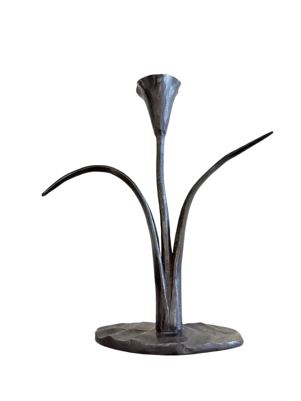 Vintage Hand Forged Iron Calla Lily Candlesticks Pair Brutalist Sculptural